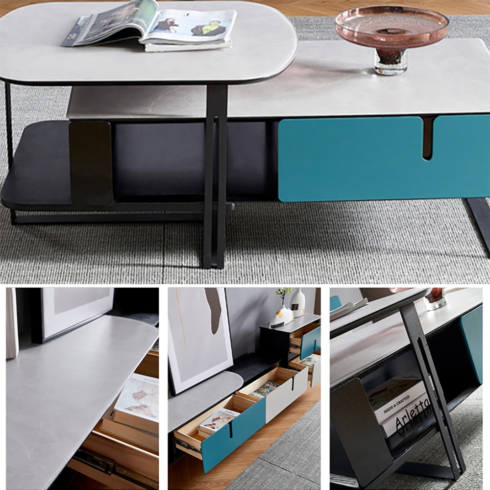 Nesting Coffee Table with Tempered Glass & Pine Wood Frame Accent Extendable Table window image