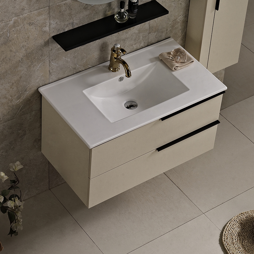 31.9" Modern Floating Bathroom Vanity White Ceramic Sink Khaki Bathroom Vanity window image
