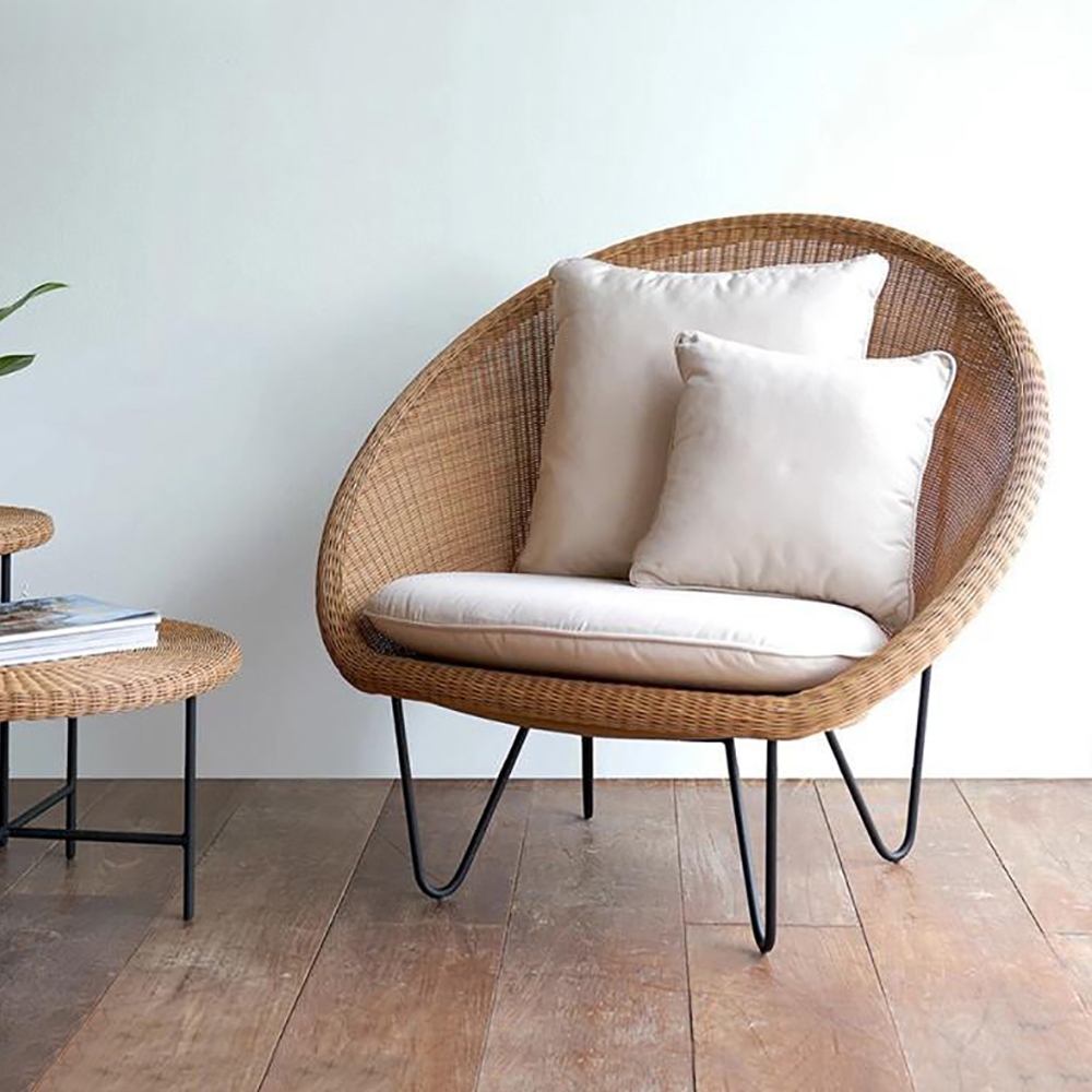 Rattan Outdoor Barrel Chair with Pillow Back Aluminum Frame window image