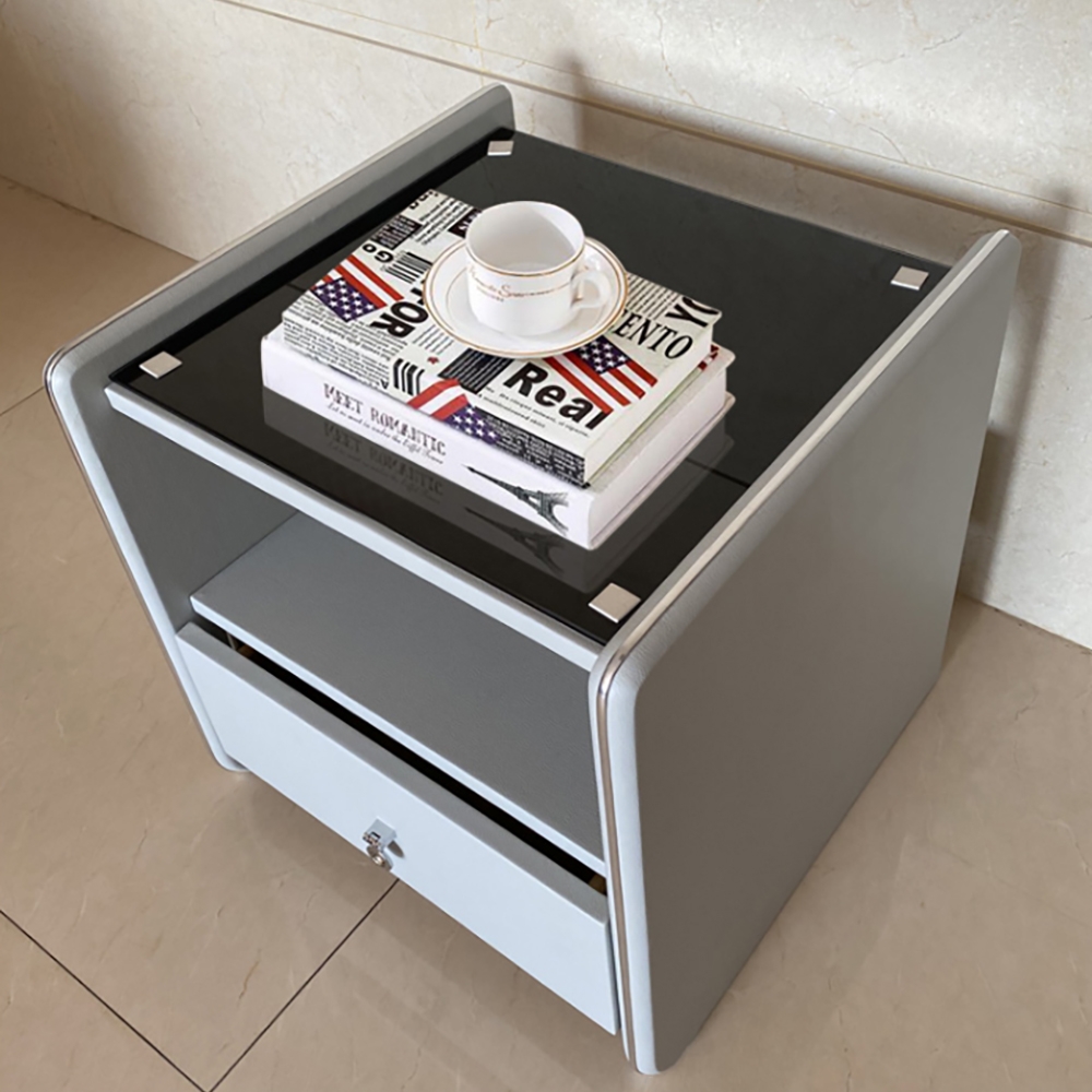 White Nightstand Tempered Glass Top Microfiber Leather Upholstery 1-Drawer Bedside Table window image