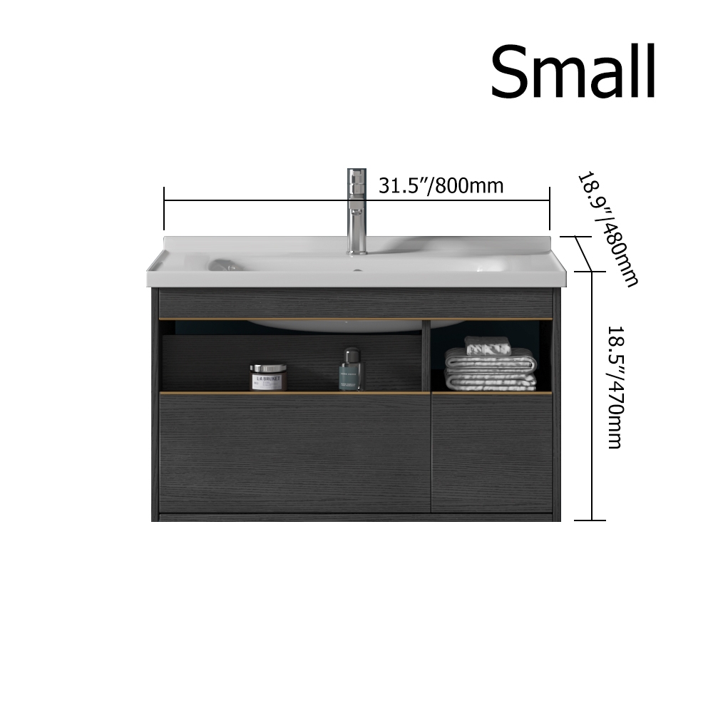 31" Bathroom Vanity Ceramic Floating Bathroom Cabinet with 2 Drawers 1 Door in Small window image