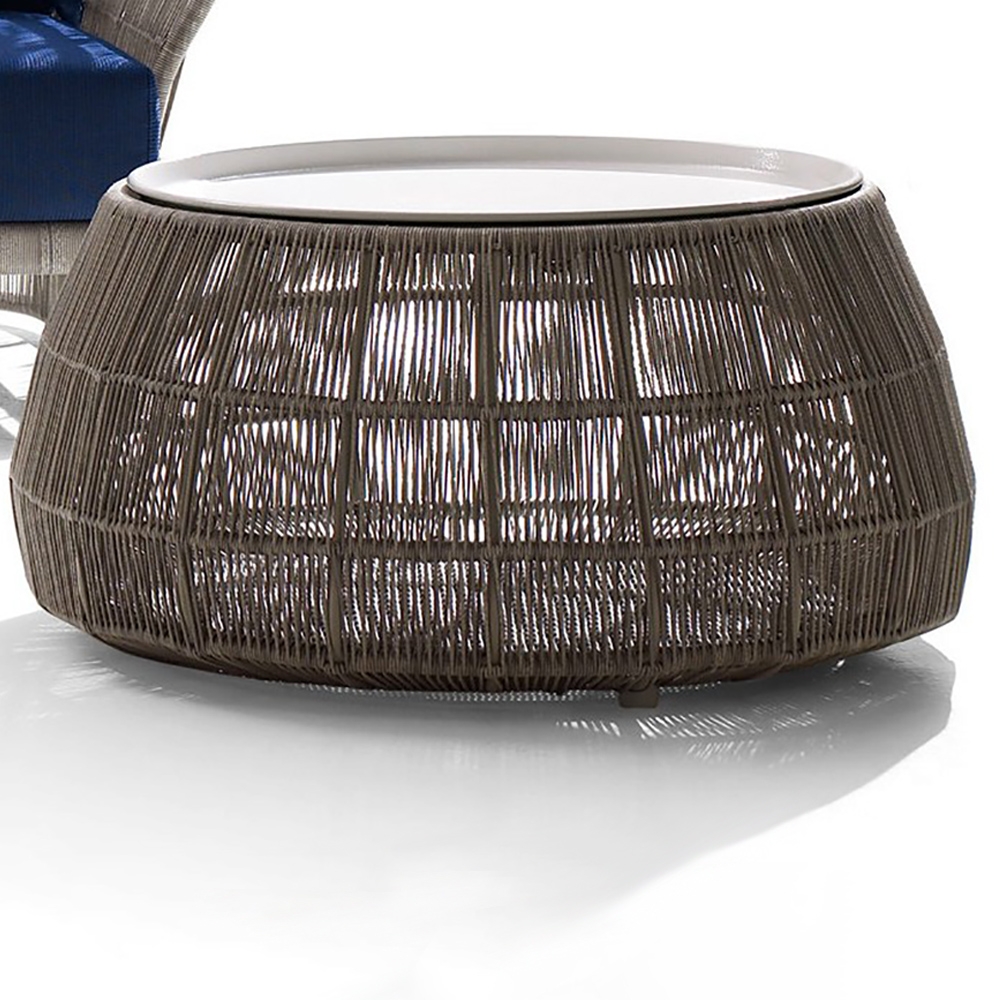 31.5" Brown Outdoor Coffee Table Rattan Patio Round Table with Glass Tabletop window image