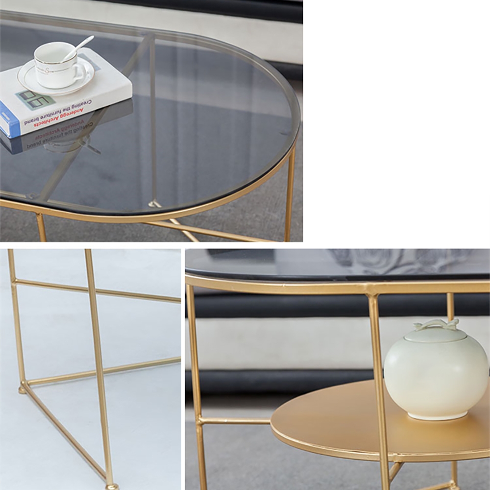 Modern Tempered Glass Coffee Table with Storage with Metal Frame in Gold/ Black window image