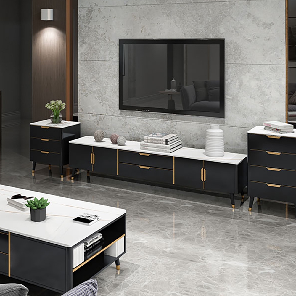 Italian Minimalist 87" TV Stand Sintered Stone Top Black 2-Drawer 4-Door Media Console window image