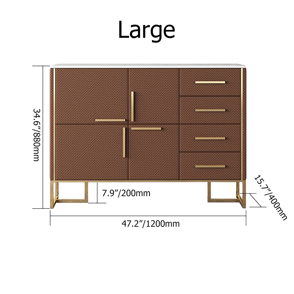Modern Brown Sideboard Sintered Stone Top Faux Leather Buffet Gold Stripe Pulls in Large