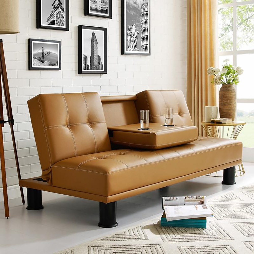 70.5" Full Sleeper Brown Sofa Leather Upholstered Convertible Sofa window image