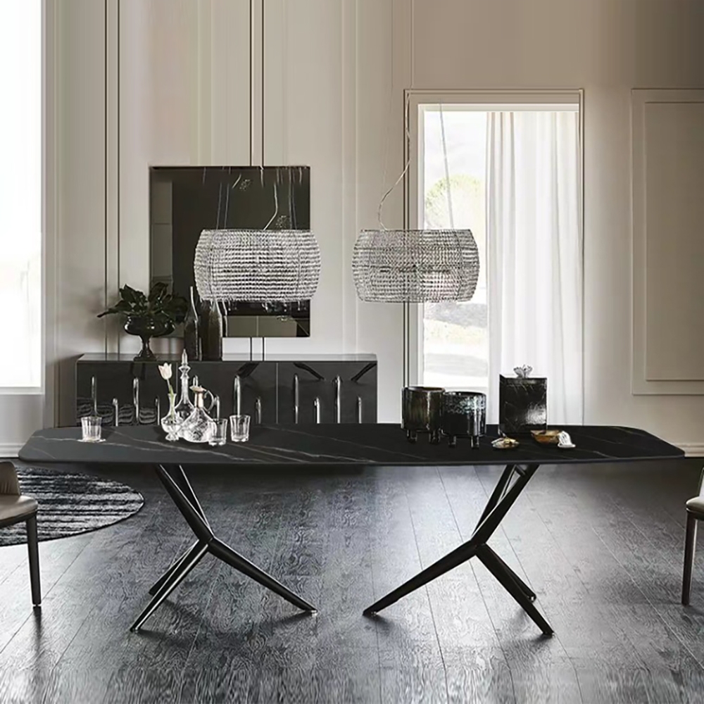 1600mm Black Modern Dining Table with Sintered Stone Top & Carbon Steel ...