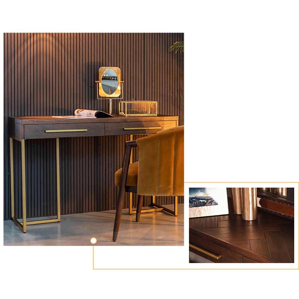 Walnut Modern Wooden Desk with Drawers Pine Wood Top & Metal Frame window image