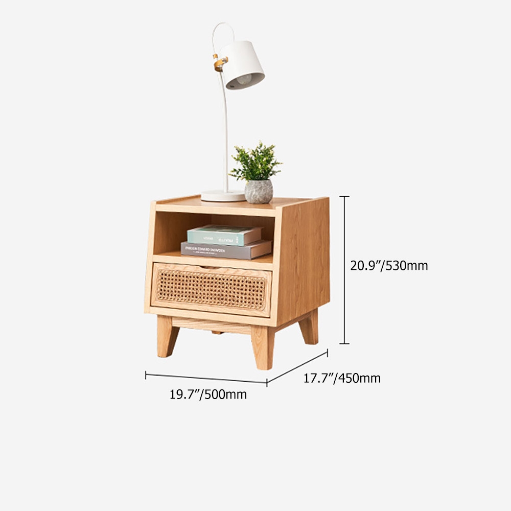 Table de chevet nordique naturelle en rotin et bois massif avec 1 tiroir image de fenêtre