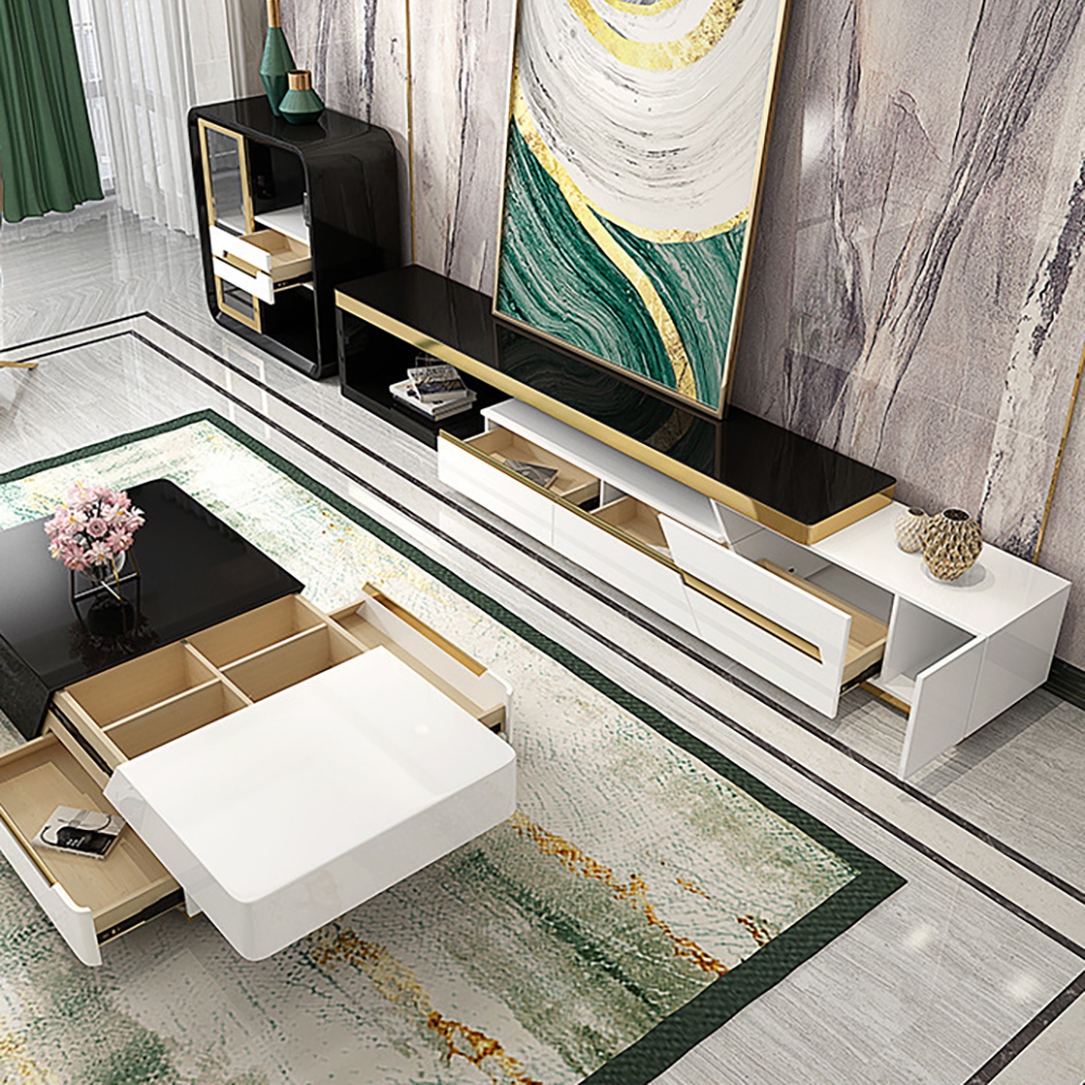 Black & White TV Stand Extendable Tempered Glass Top Media Console with Storage window image