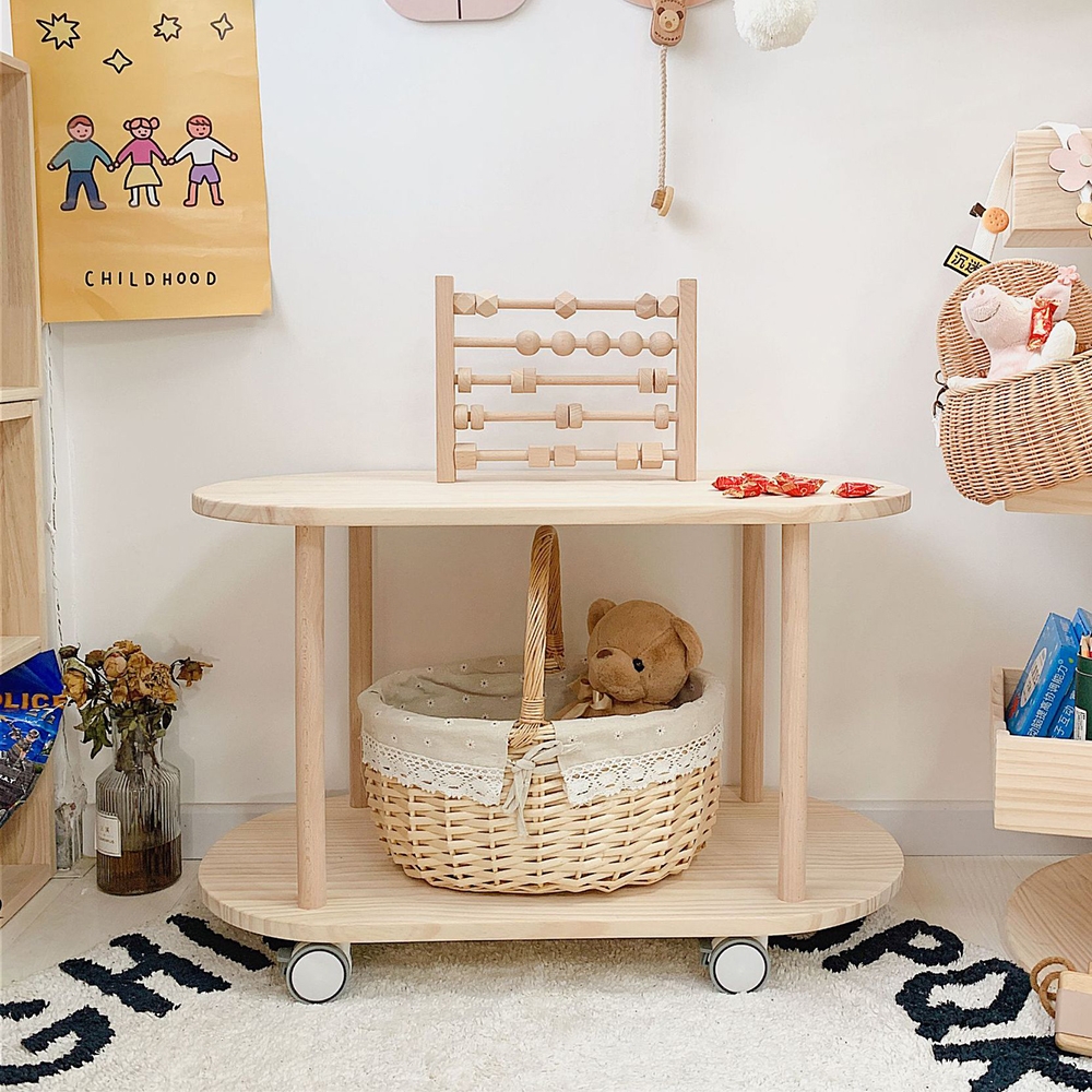 Wooden 2-Tier Kids Toys Organiser Shelves Storage Cart with Casters window image