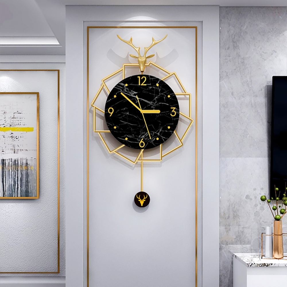 3D Brass Deer Head Wall Clock with Pendulum Metal Geometric Frame window image