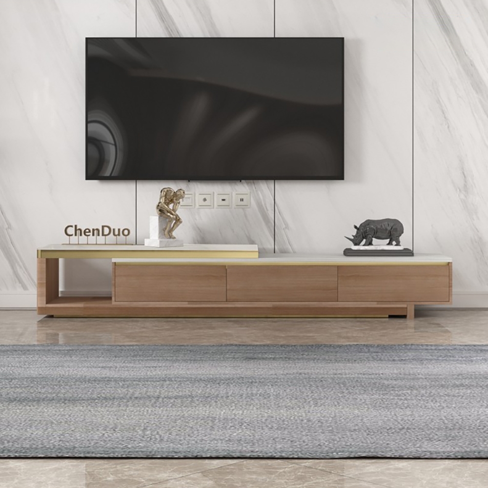 Nordic Walnut TV Stand Extendable Sintered Stone Top Entertainment Cabinet with Drawers window image