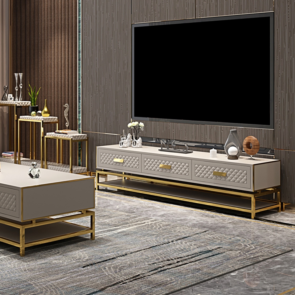 Italian TV Stand Light Luxury Media Console Faux Leather Upholstery with 3 Drawers & 1 Shelf window image