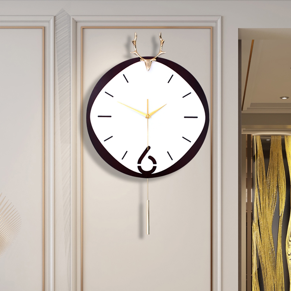 Modern Creative Wooden Wall Clock Silver Pendulum Deer Head Home Decor window image