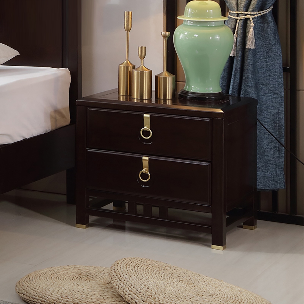 Coffee Nightstand Neo Chinese Style Buddhist Mood Bedside Cabinet with 2 Drawers window image