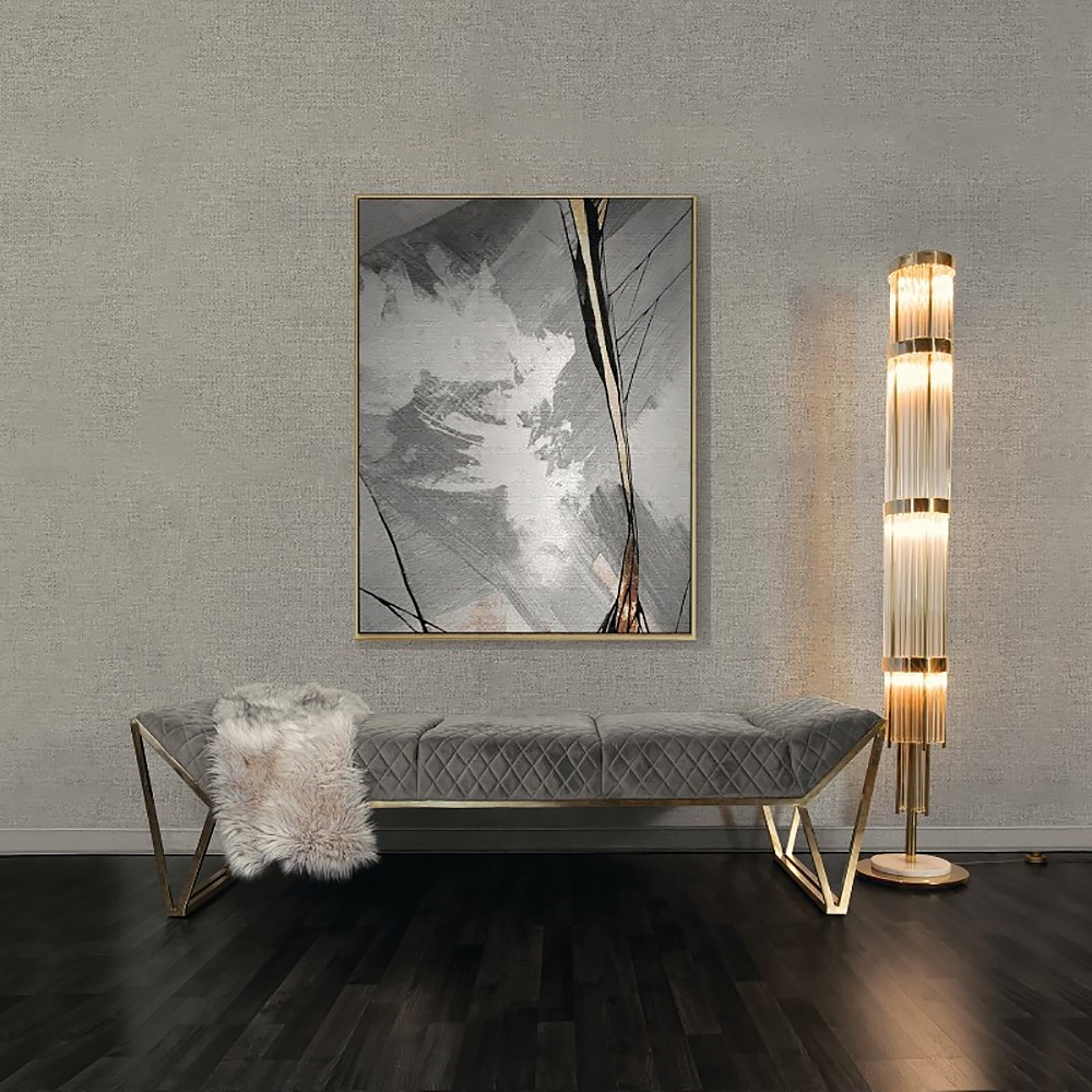 Gray Velvet Upholstered Bench Mid-Century Bench window image