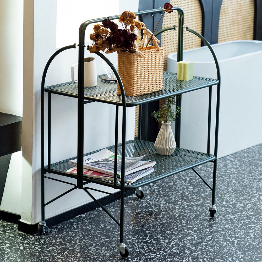 900mm Modern Standing Kitchen Shelves with Handle & Casters in Dark Green window image