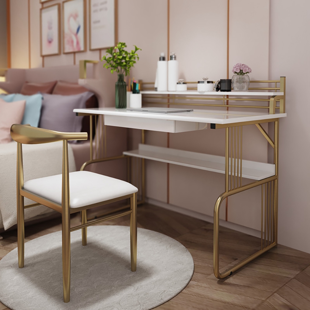 White Modern Small Desk with Drawer & Shelves Wood Top & Metal Frame window image