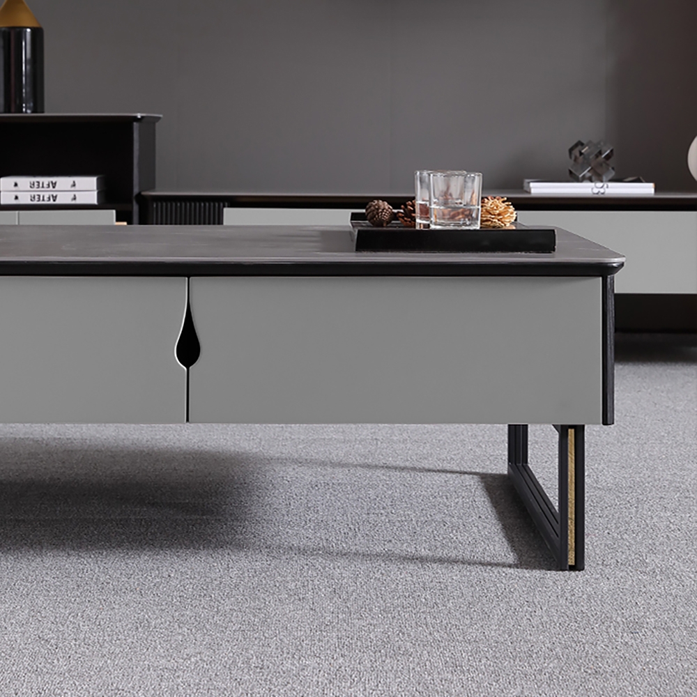 Modern Coffee Table with Drawers in Gray Sintered Stone Top & Carbon Steel Legs window image