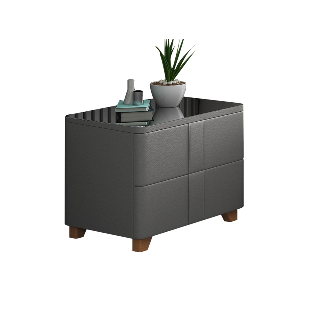 Table de chevet grise avec dessus en verre trempé, tapisserie d'ameublement en cuir PU, 2 tiroirs image de fenêtre