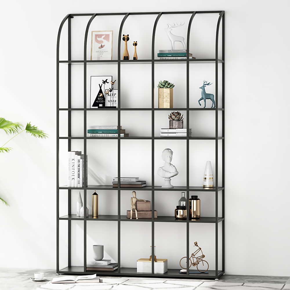 Black Contemporary Metal Etagere Bookshelf with 6-Tiered Shelving window image