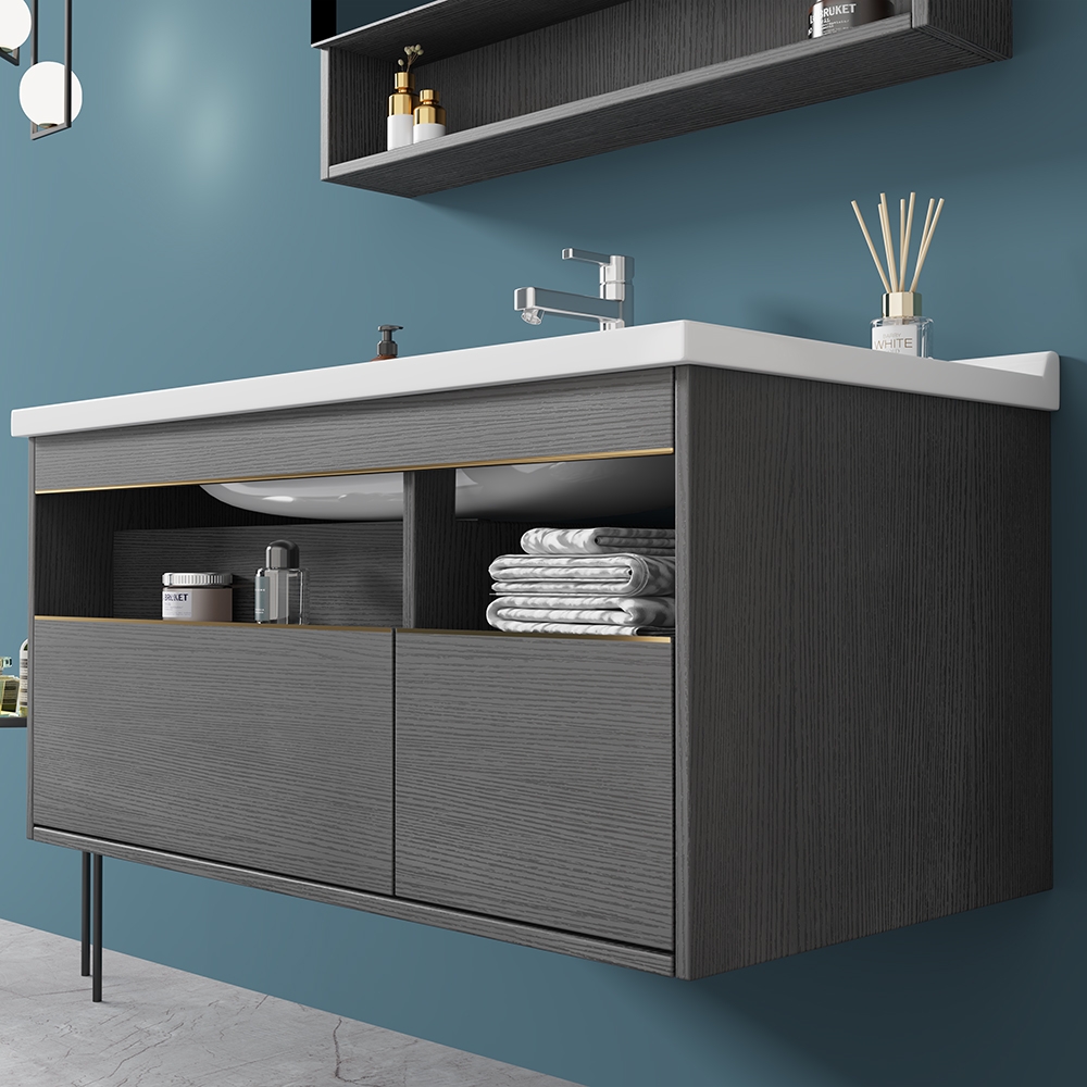 31" Bathroom Vanity Ceramic Floating Bathroom Cabinet with 2 Drawers 1 Door in Small window image