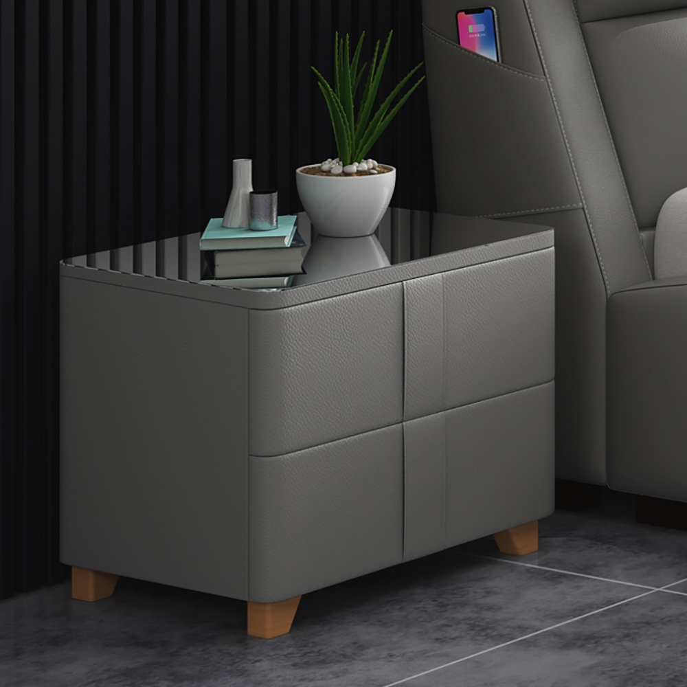 Table de chevet grise avec dessus en verre trempé, tapisserie d'ameublement en cuir PU, 2 tiroirs image de fenêtre