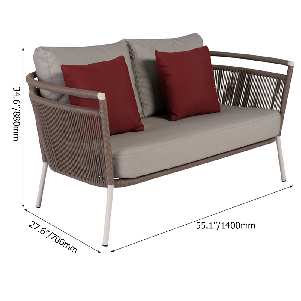 Khaki Rattan Outdoor Sofa with Brick Red Pillow Loveseat in Aluminum Frame 2-Seater window image