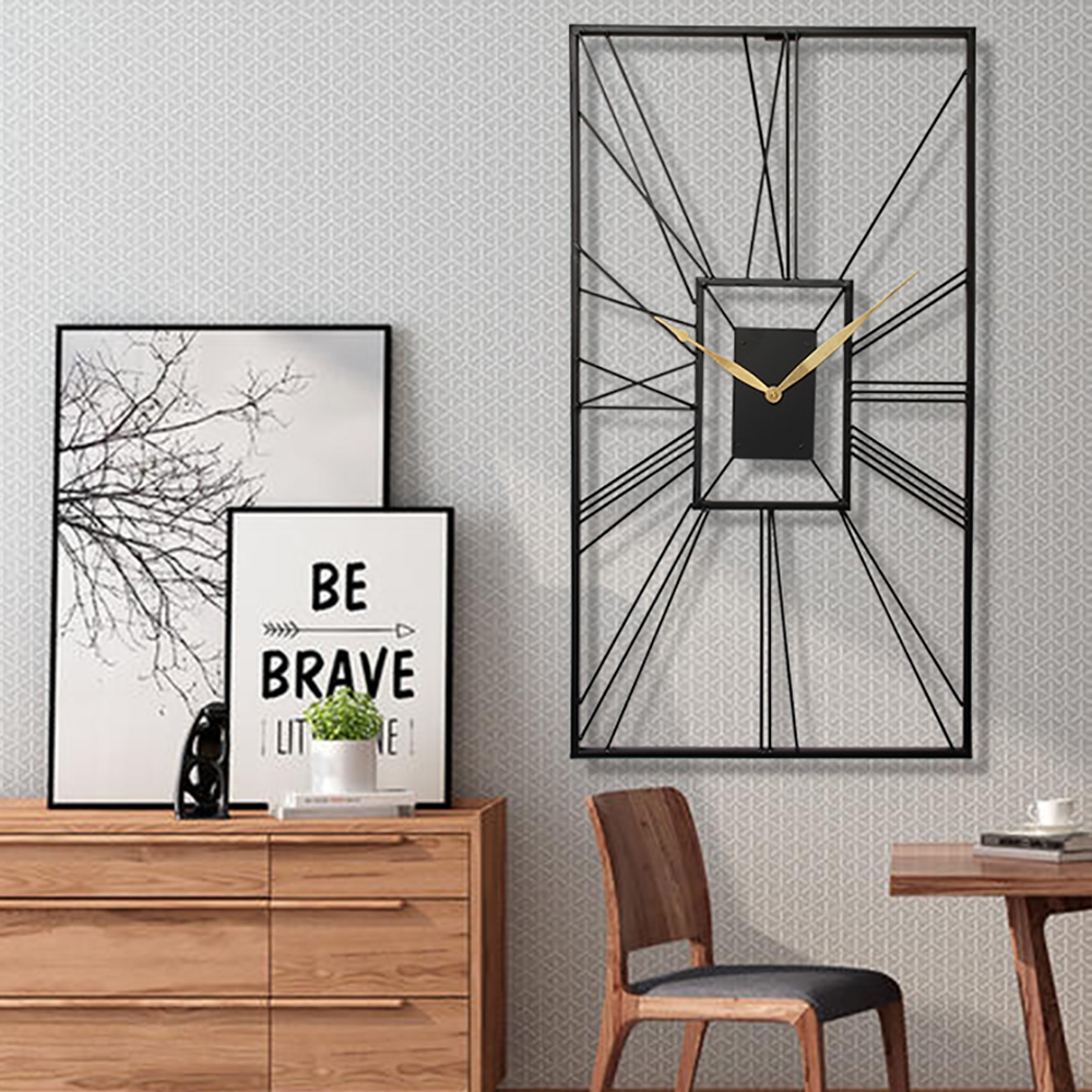 Simple Nordic Style Abstract Patterns Rectangular Frame Black Metal Wall Clock window image