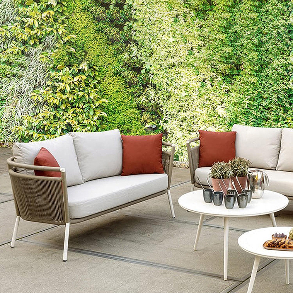 Khaki Rattan Outdoor Sofa with Brick Red Pillow Loveseat in Aluminum Frame 2-Seater window image