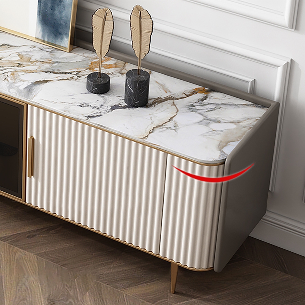 79" White TV Stand Sintered Stone Top Tempered Glass Doors Media Console with Shelves window image