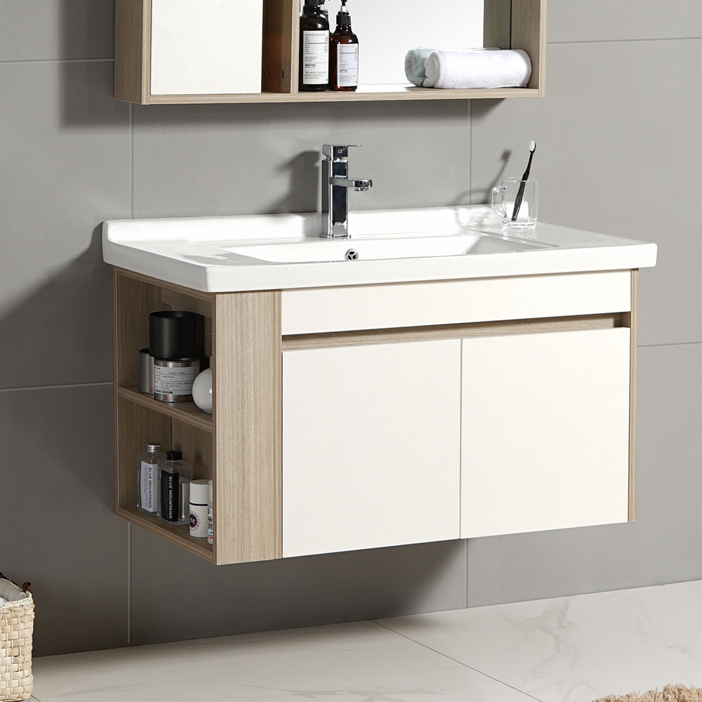 35.8" Bathroom Vanity Single Ceramic Sink Floating Cabinet with Doors & Open Shelf window image
