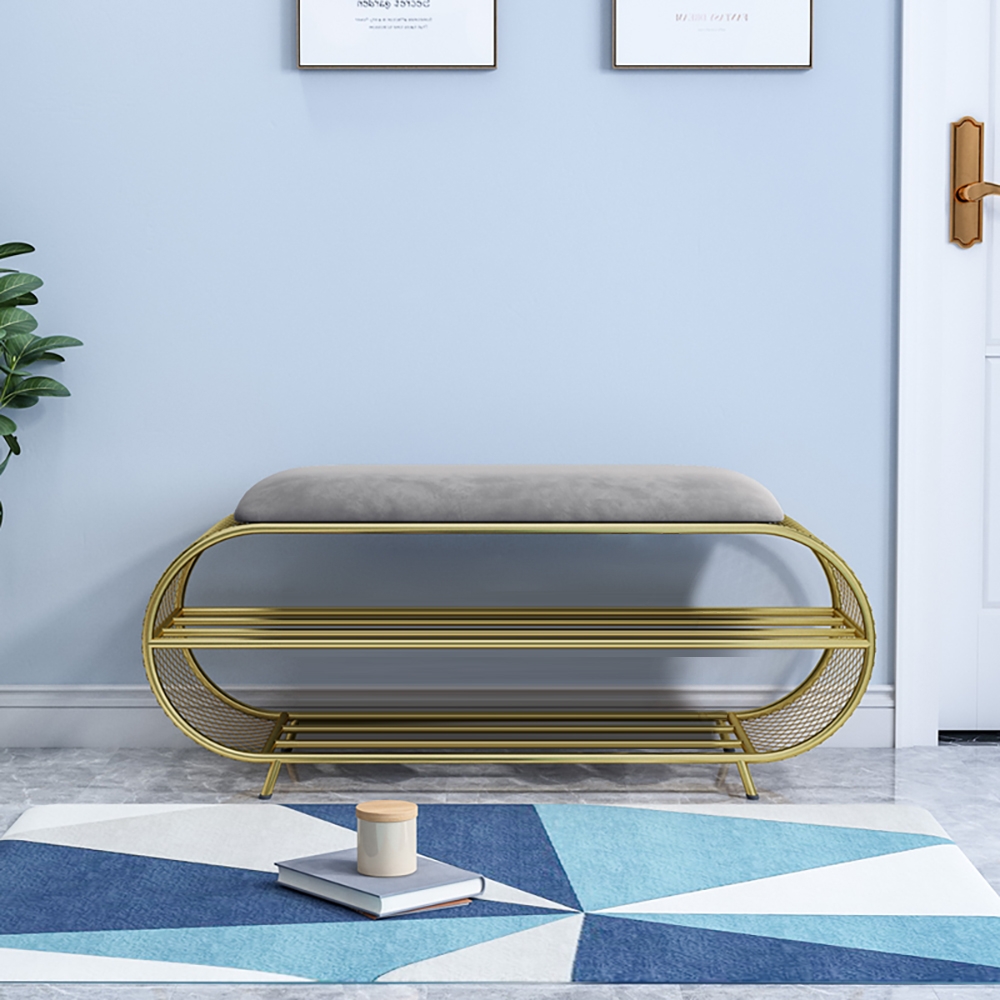 Gray Velvet Bench Upholstered 2-Tier Seat Storage Shelf Entryway Shoes Storage Bench window image