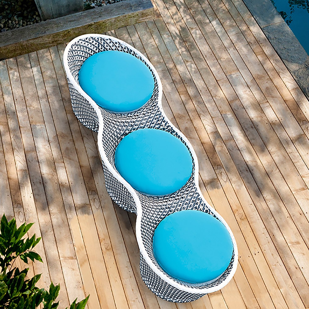 2400mm Outdoor Sofa Rattan with Blue Cushion 3-Seater Peanut-Shape window image