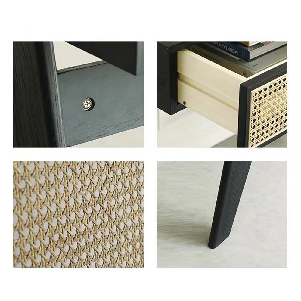 Modern Home Office Desk in Black with Drawers in Pine Wood with Rattan window image