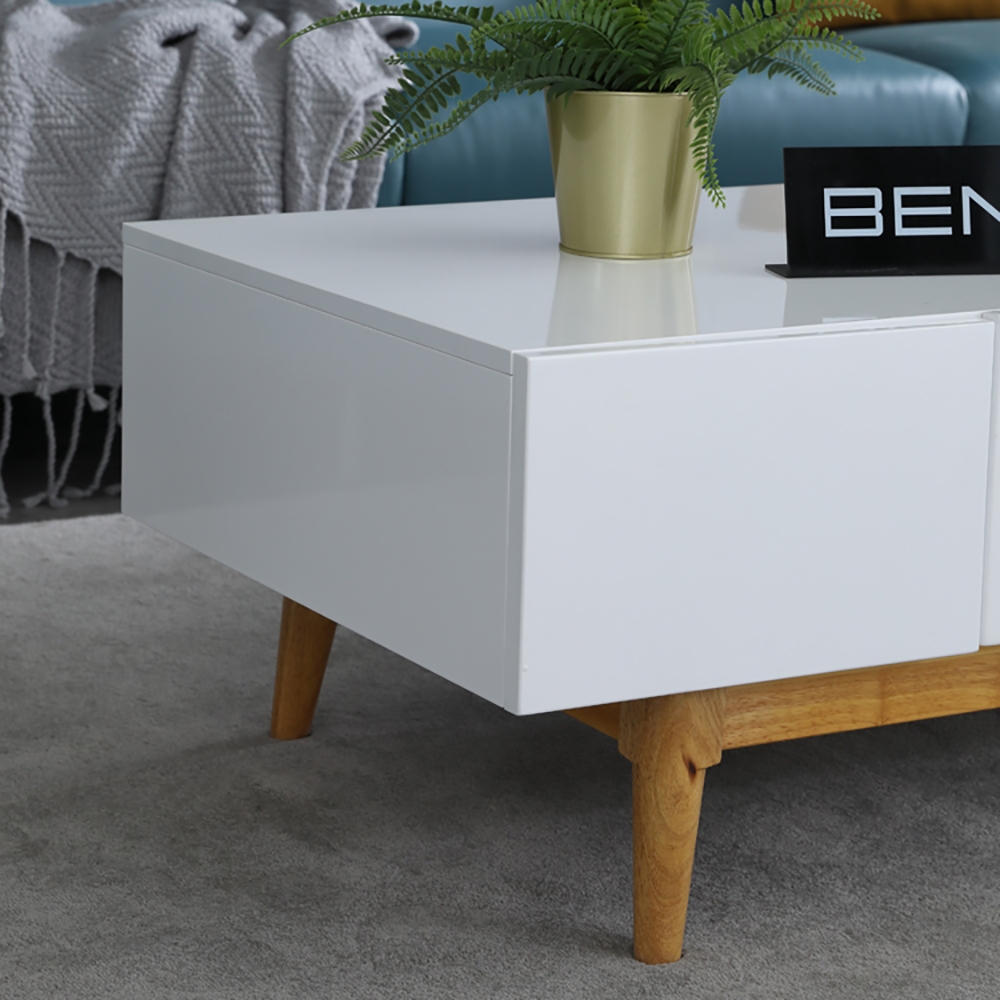 White Coffee Table with Drawers in Rectangle-shaped window image