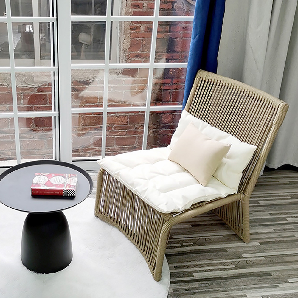 Emilio Rattan Outdoor Accent Chair with Cushion Pillow Wood Color in Arched Bottom window image