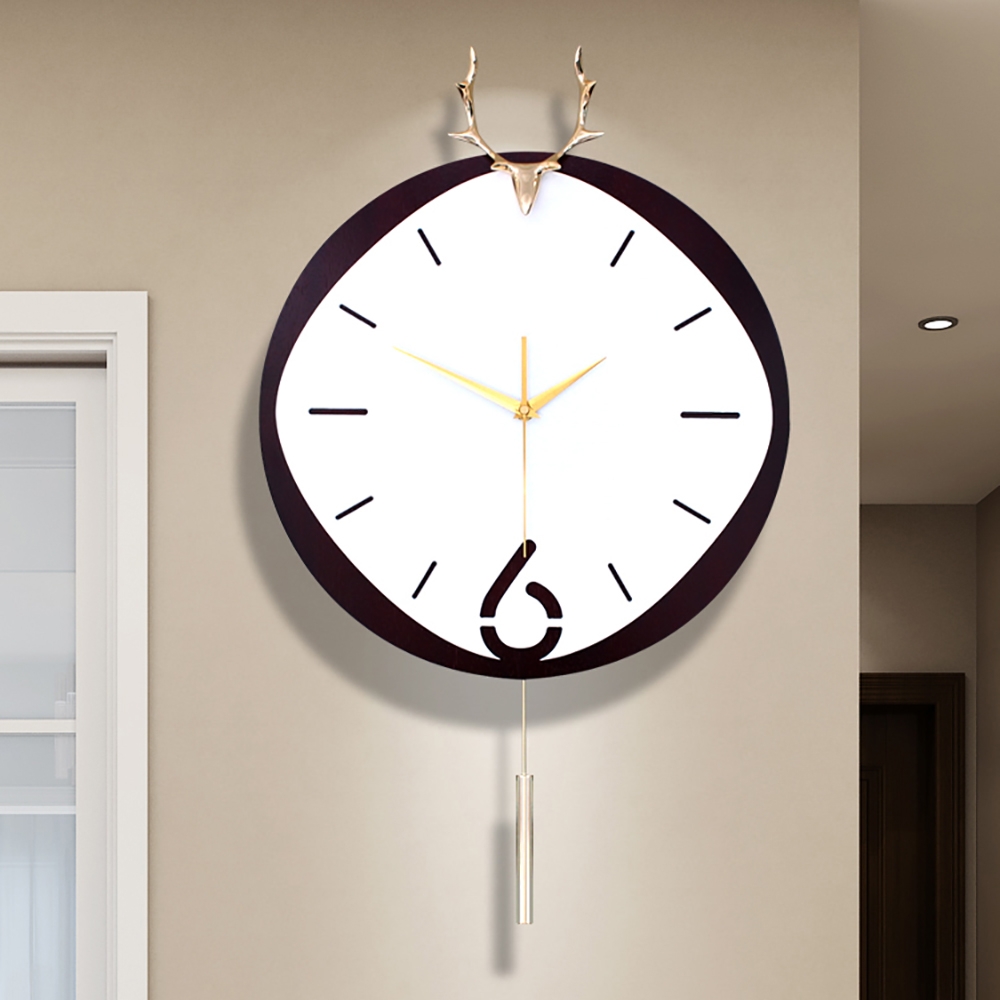 Modern Creative Wooden Wall Clock Silver Pendulum Deer Head Home Decor window image