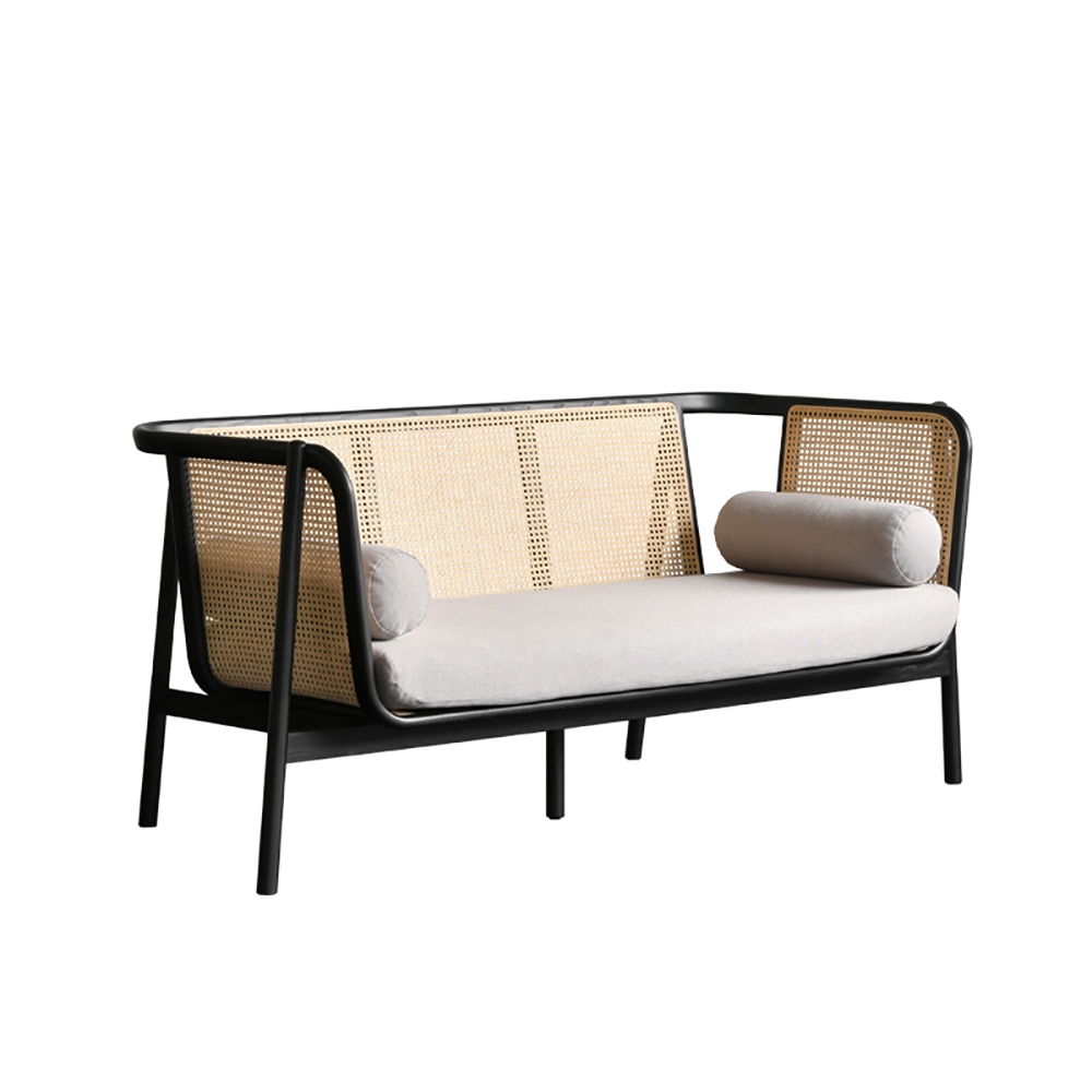 Rattan Sofa Upholstered Cotton&linen Sofa 3-Seater Sofa Ash Wood Frame window image