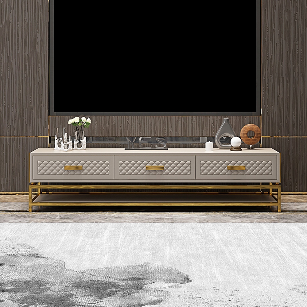 Italian TV Stand Light Luxury Media Console Faux Leather Upholstery with 3 Drawers & 1 Shelf window image