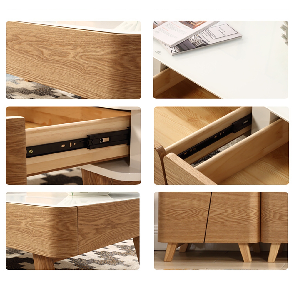 Rustic Wood Coffee Table with Storage Tempered Glass Top & Ash Wood Legs window image