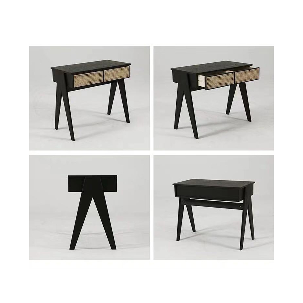 Modern Home Office Desk in Black with Drawers in Pine Wood with Rattan window image