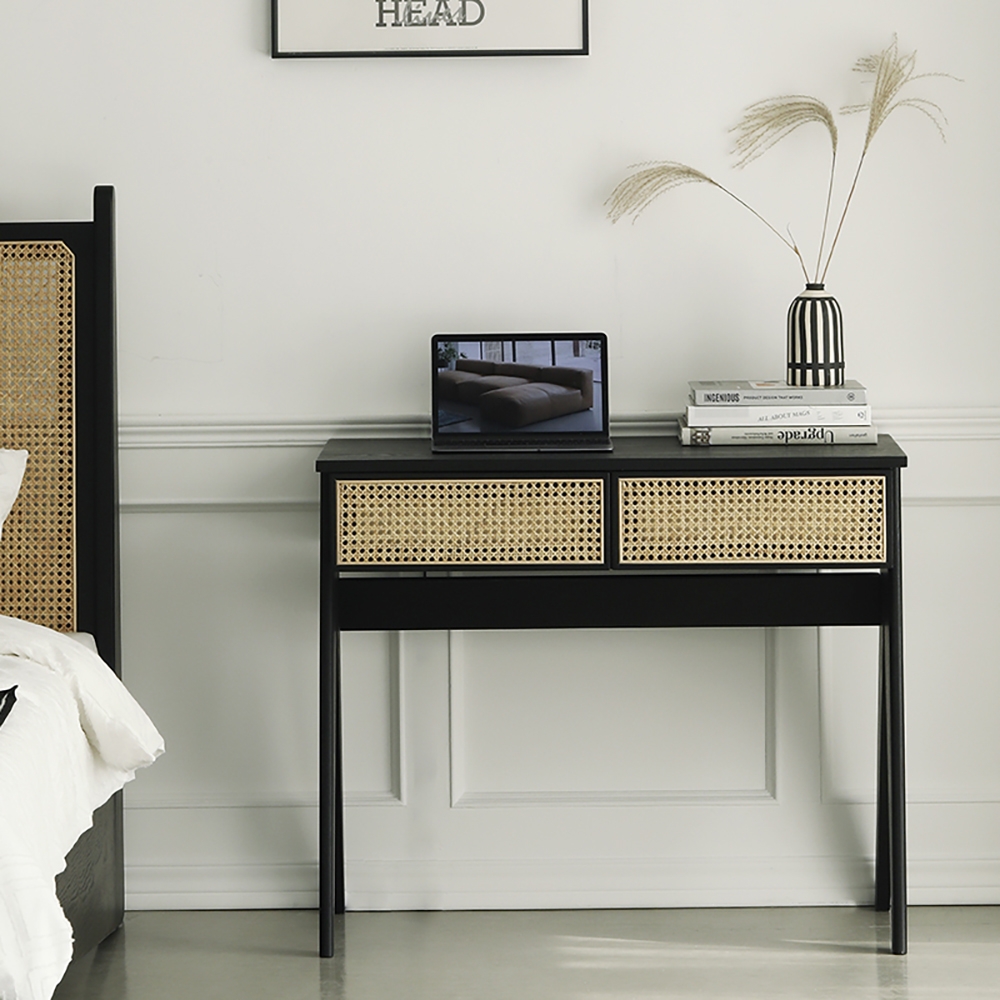Modern Home Office Desk in Black with Drawers in Pine Wood with Rattan window image