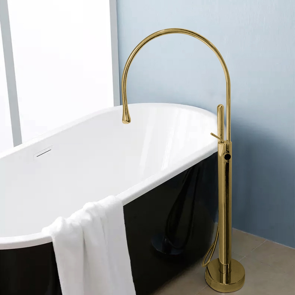 Chrome Freestanding Bathtub Filler Gooseneck Modern Bathtub Faucet Floor Mount with Handshower window image