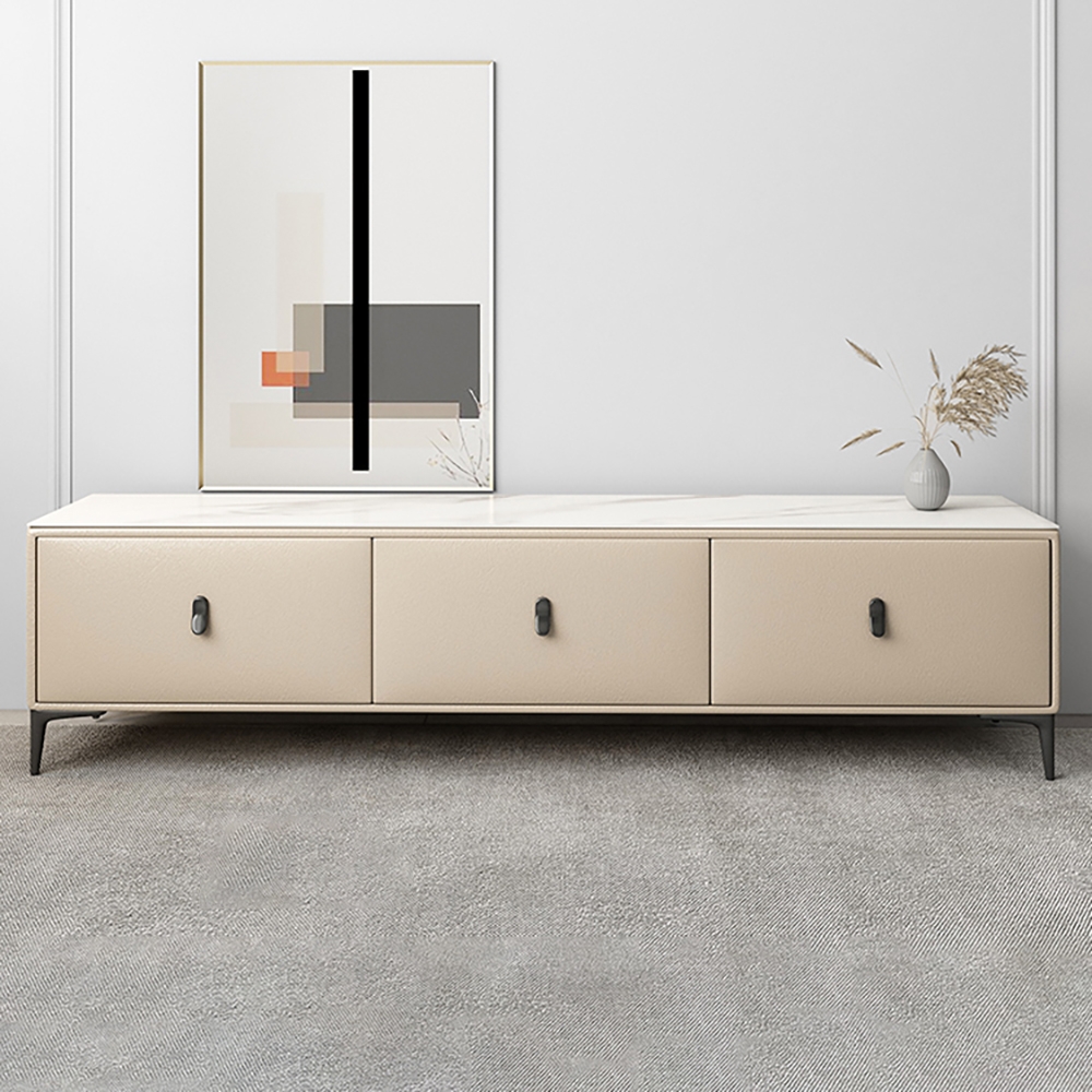 71" Beige TV Stand Sintered Stone 3-Drawer Microfiber Leather Upholstery Media Console window image