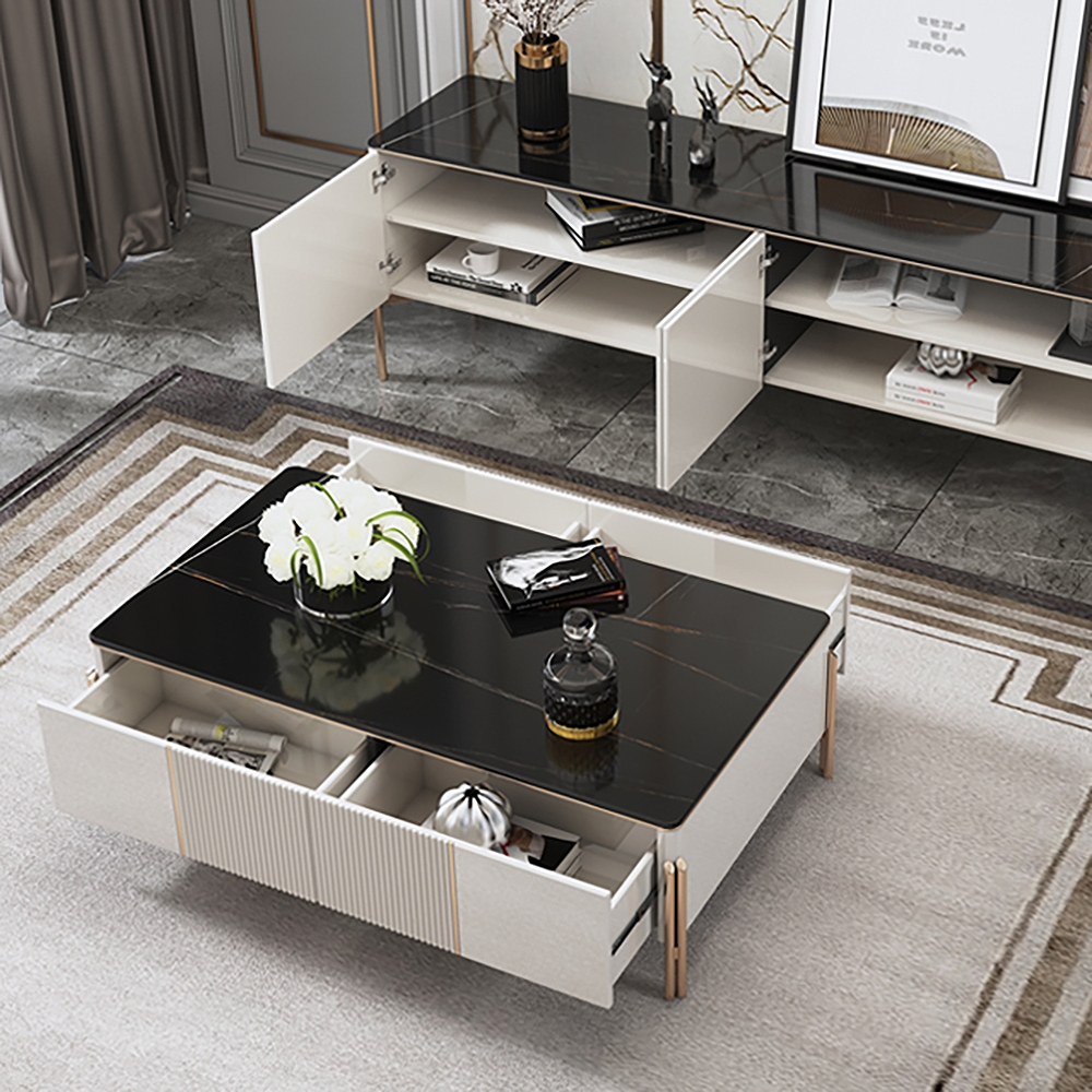 Modern Large Coffee Table with Storage Marble Top & Stainless Steel Legs window image