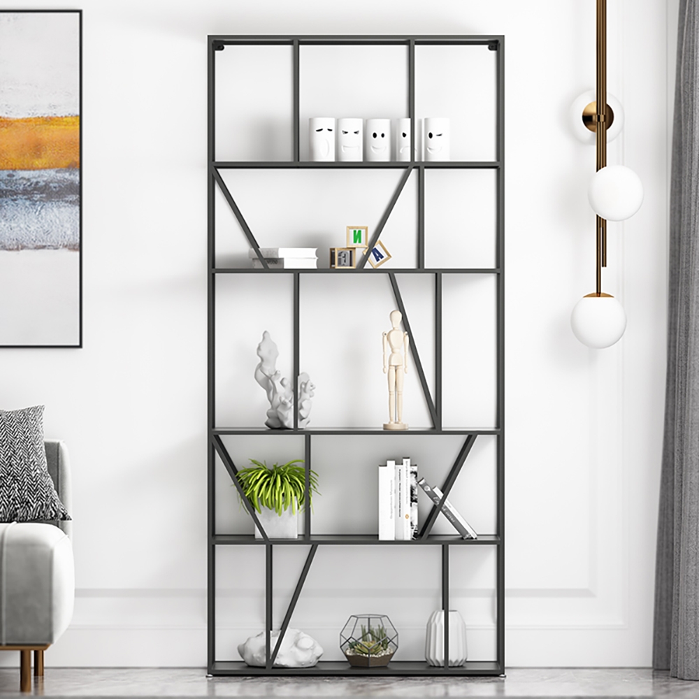 Black Modern Metal Geometric Bookshelf with 5-Tiered Shelving window image