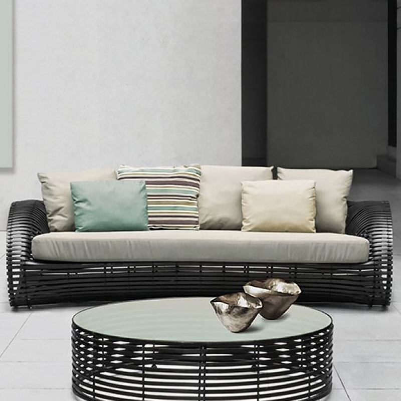 Rattan Outdoor Sofa Patio Bench with Cushion Pillow in Bamboo Tube Shape window image