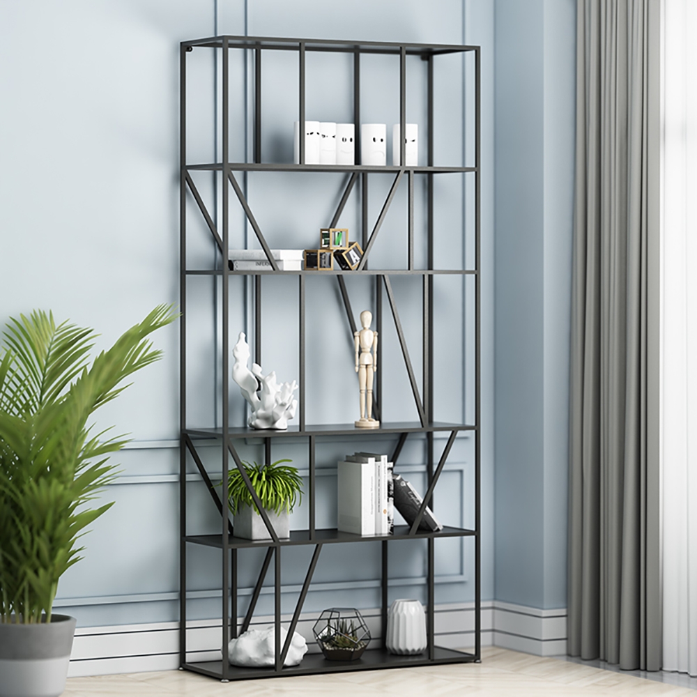 Black Modern Metal Geometric Bookshelf with 5-Tiered Shelving window image